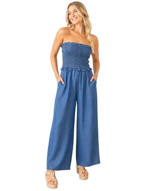 SPEED LIMIT MPH Blue Strapless Smocked Jumpsuit Wide Leg Women Size XL NWT